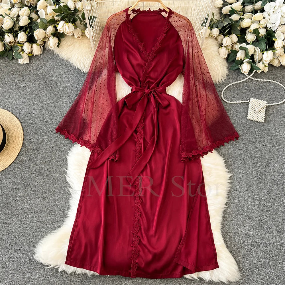 Robe de Chambre Kimono Dentelle Broderie — Longue, Satin Soie, Mariage & Nuit