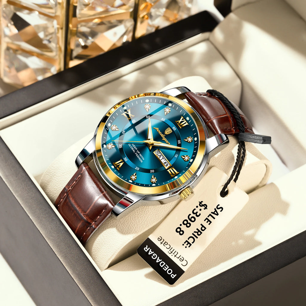 POEDAGAR Montre Homme Cuir Luxe — Quartz Élégant, Bracelet Cuir, Top Qualité