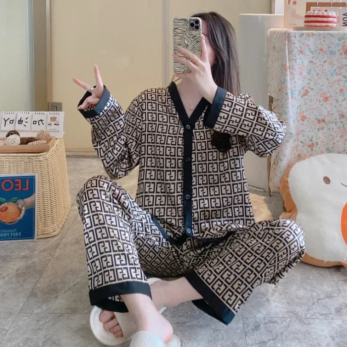 Pyjama Femme Soie Glacée 2 Pièces — Manches Longues, Ample & Confortable, Printemps-Été