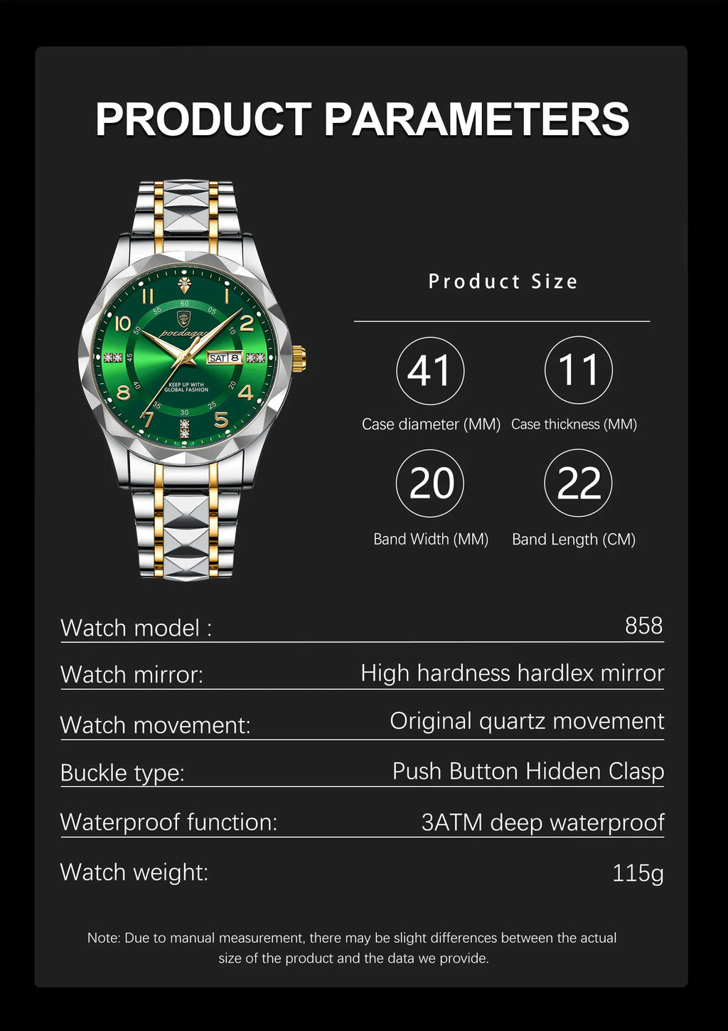 Montre Homme POEDAGAR Business — Acier Inoxydable, Lumineux, Date, Semaine, Quartz