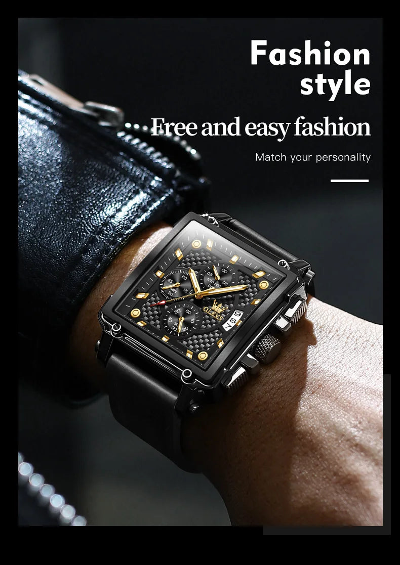 Montre Homme OLEVS Carrée Luxe Quartz — Étanche, Lumineux, Chronographe, Relogio