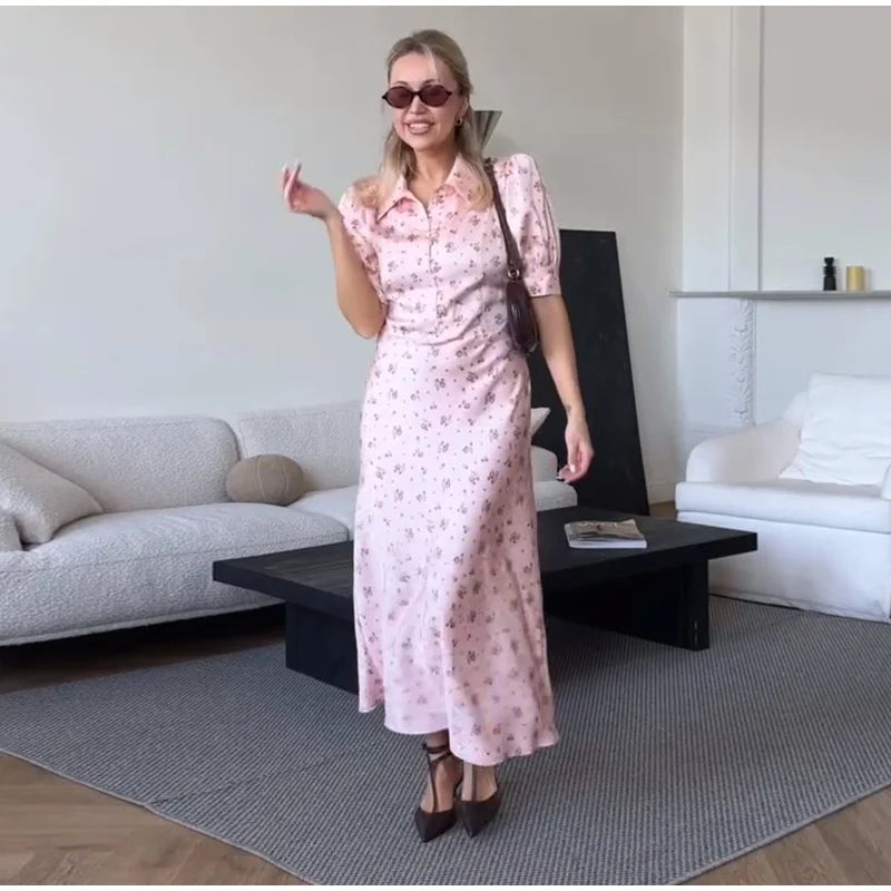 Robe Midi Imprimée Col V Profond — Manches Bouffantes, Taille Haute, Soirée 2026