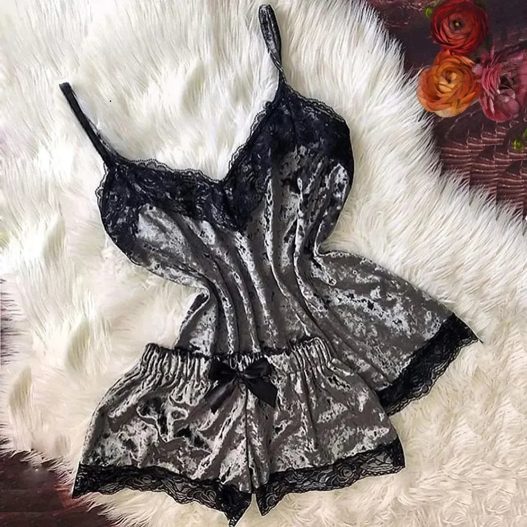 Pyjama Femme Dentelle Satin 2 Pièces — Top Court & Short, Sexy Lounge Été