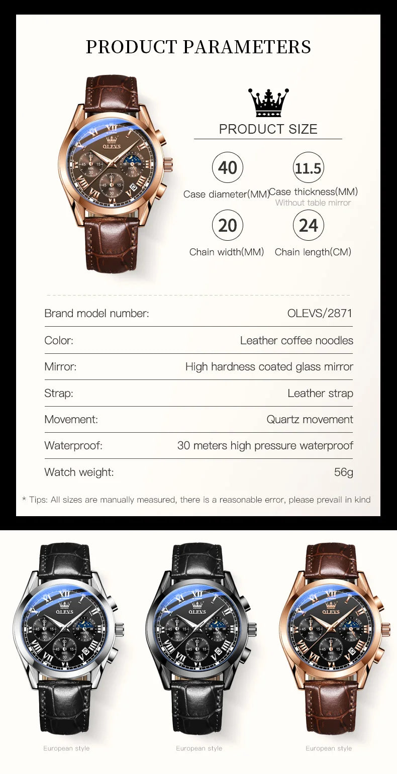 Montre Homme OLEVS 2871 Chronographe Phase de Lune — Étanche, Multifonction, Quartz Luxe