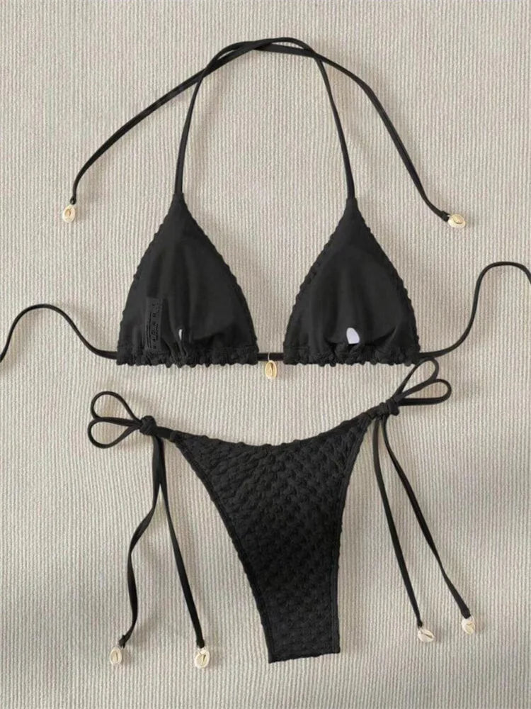 Bikini Coquillage Blanc Push Up 2025 — Halter Micro, Tanga, Maillot de Bain Sexy