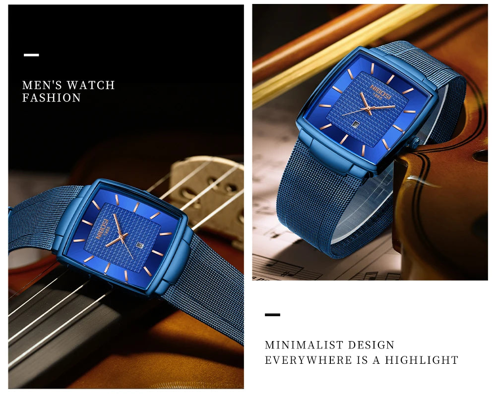 NIBOSI Montre Homme Luxe Carrée Quartz — Maille Ultra-Fine, Étanche, Lumineux