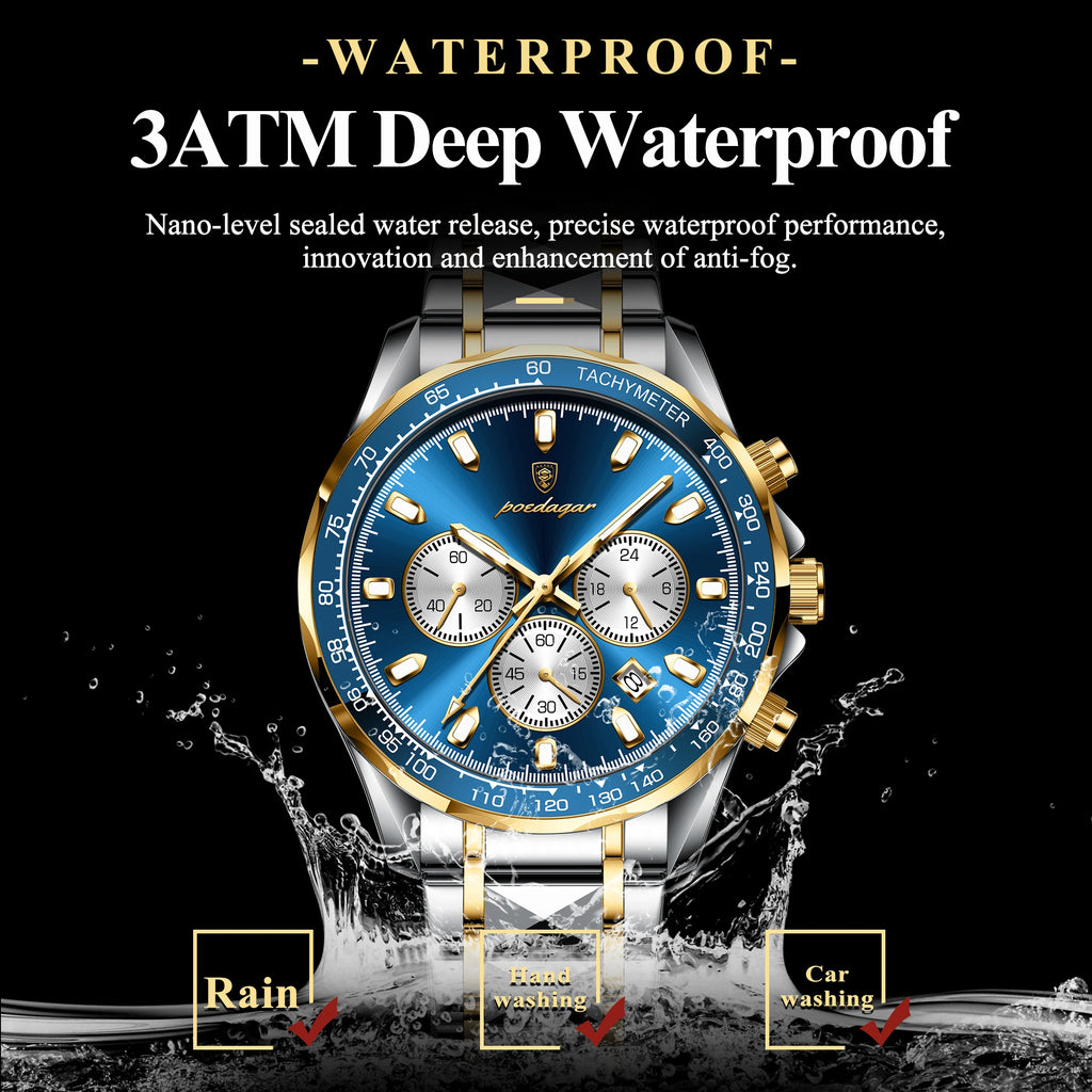 POEDAGAR Montre Homme Sport Luxe Chronographe — Acier Inoxydable, Étanche, Lumineuse