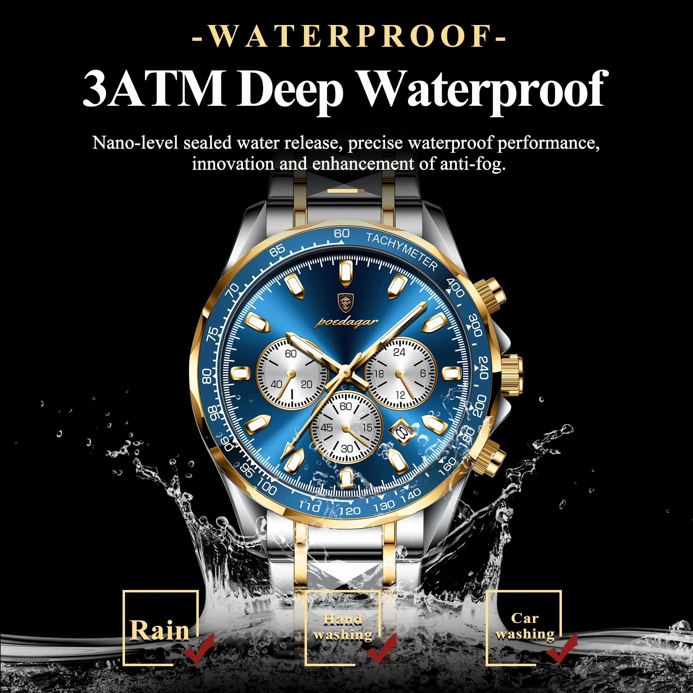 POEDAGAR Montre Homme Sport Luxe Chronographe — Acier Inoxydable, Étanche, Lumineuse