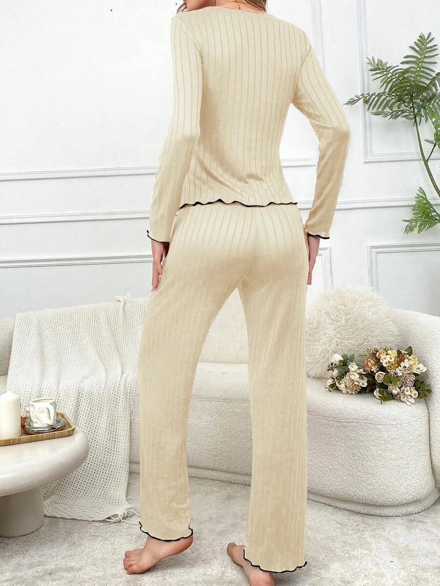 Ensemble Pyjama Femme Hiver — Manches Longues, Col V, Pantalon Long, Chaud & Confortable