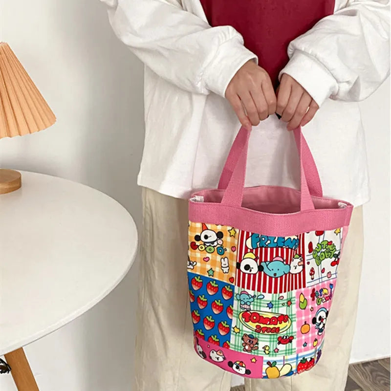 Sac Seau Toile Cartoon Imprimé — Tote Portable Cylindrique, Lunch Bag Fille Étudiante