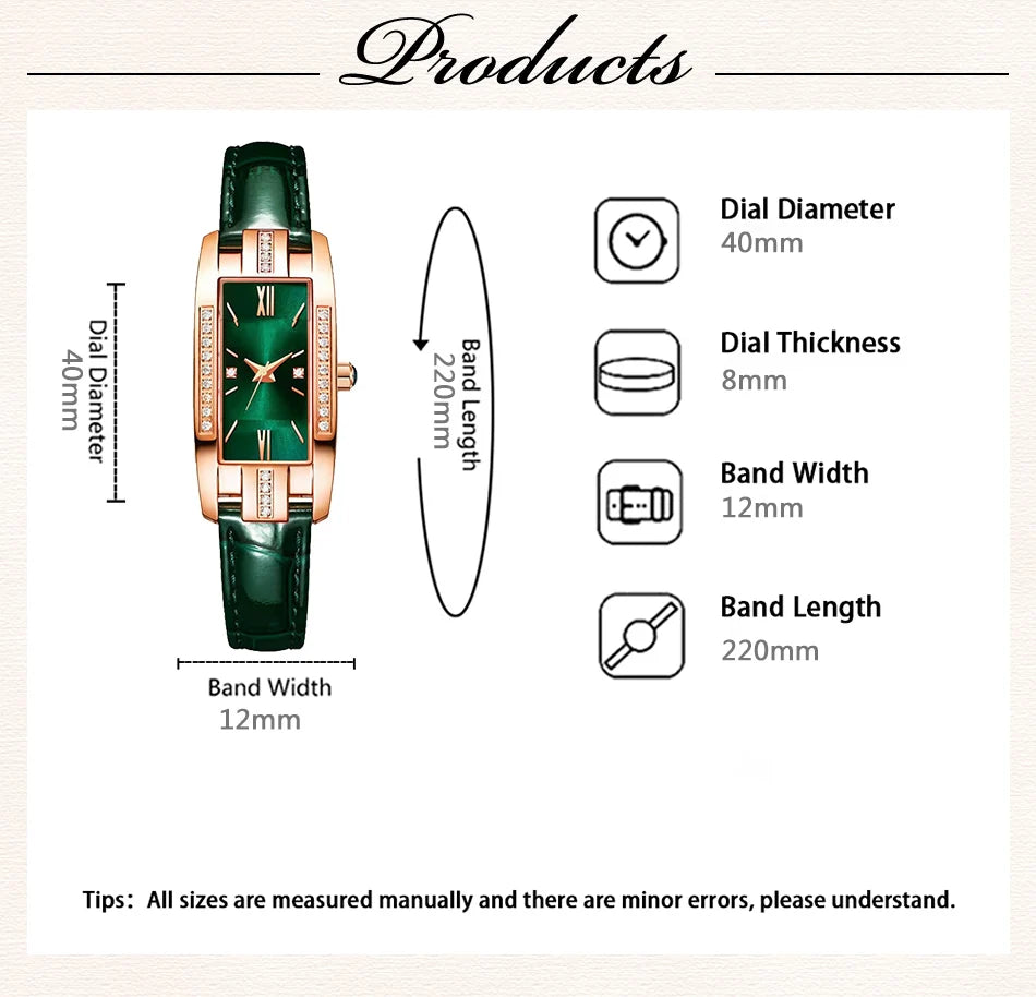 Montre Femme Carrée Quartz — Bracelet Cuir Vert, Cadran Simple, Luxe Fashion