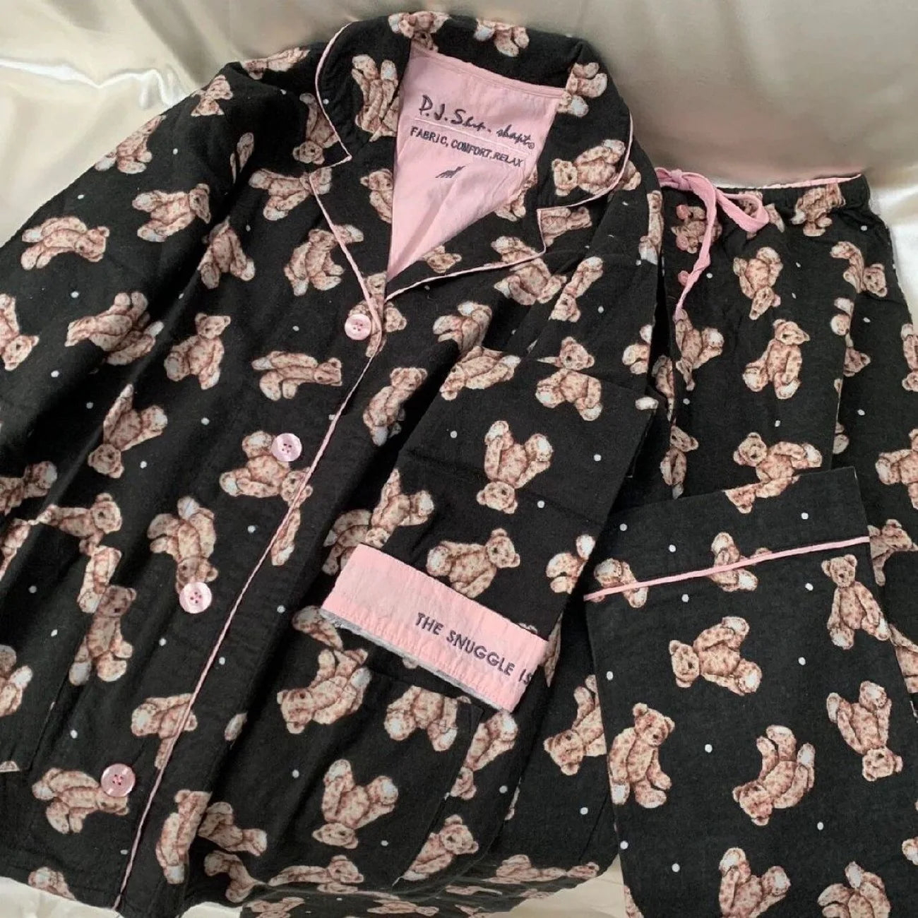 Ensemble Pyjama Femme Coton — Imprimé Cartoon Mignon, 2 Pièces, Manches Longues, Automne