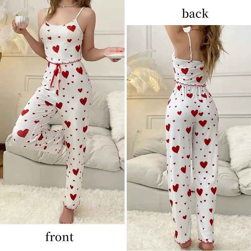 Ensemble Pyjama Femme Soie Glacée 2 Pièces — Débardeur Imprimé & Pantalon Long, Sexy