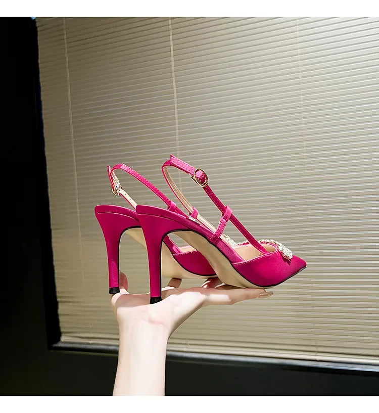 Escarpins Satin Strass Fleur Talon Haut Bleu — Bout Pointu, Bride Dos, Mariage Soirée