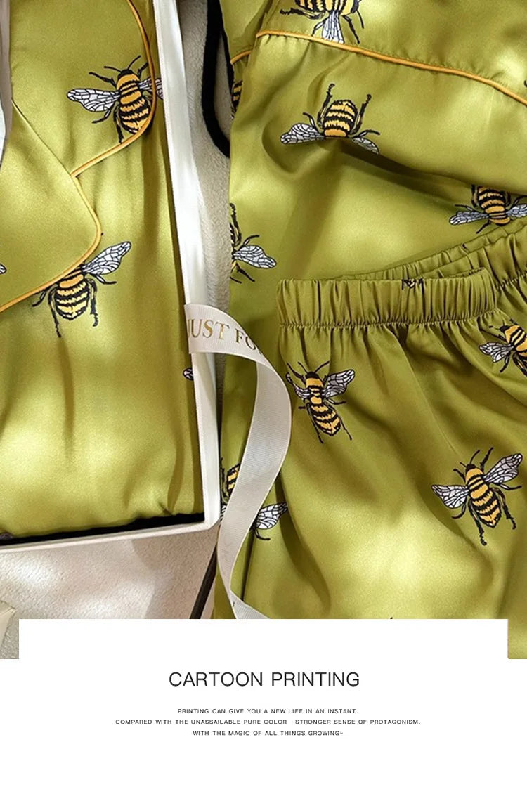 Pyjama Femme 2 Pièces Satin Imprimé — Manches Longues, Poche, Printemps-Automne