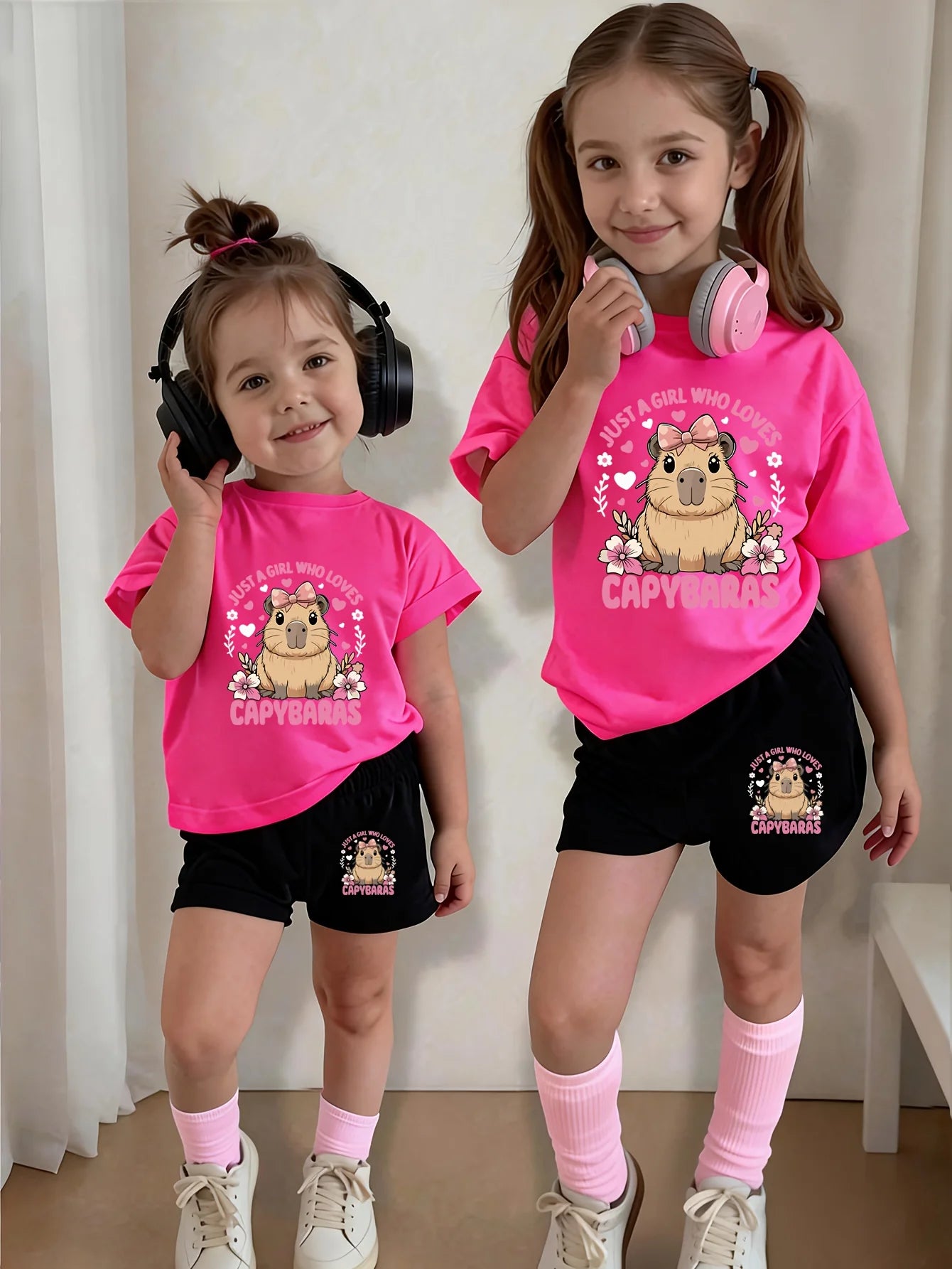 Ensemble 2 pièces filles – T-shirt col rond imprimé capybara nœud & short décontracté, 4-12 ans