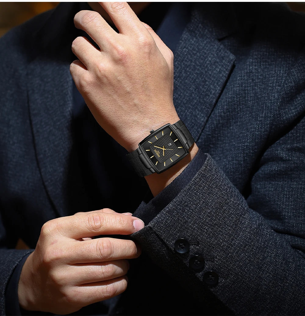 NIBOSI Montre Homme Luxe Carrée Quartz — Maille Ultra-Fine, Étanche, Lumineux