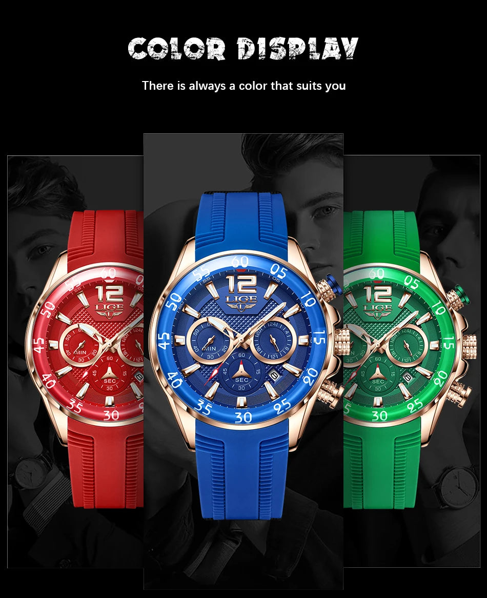 Montre Homme LIGE Sport Rouge Silicone — Étanche, Chronographe Quartz, Luxe
