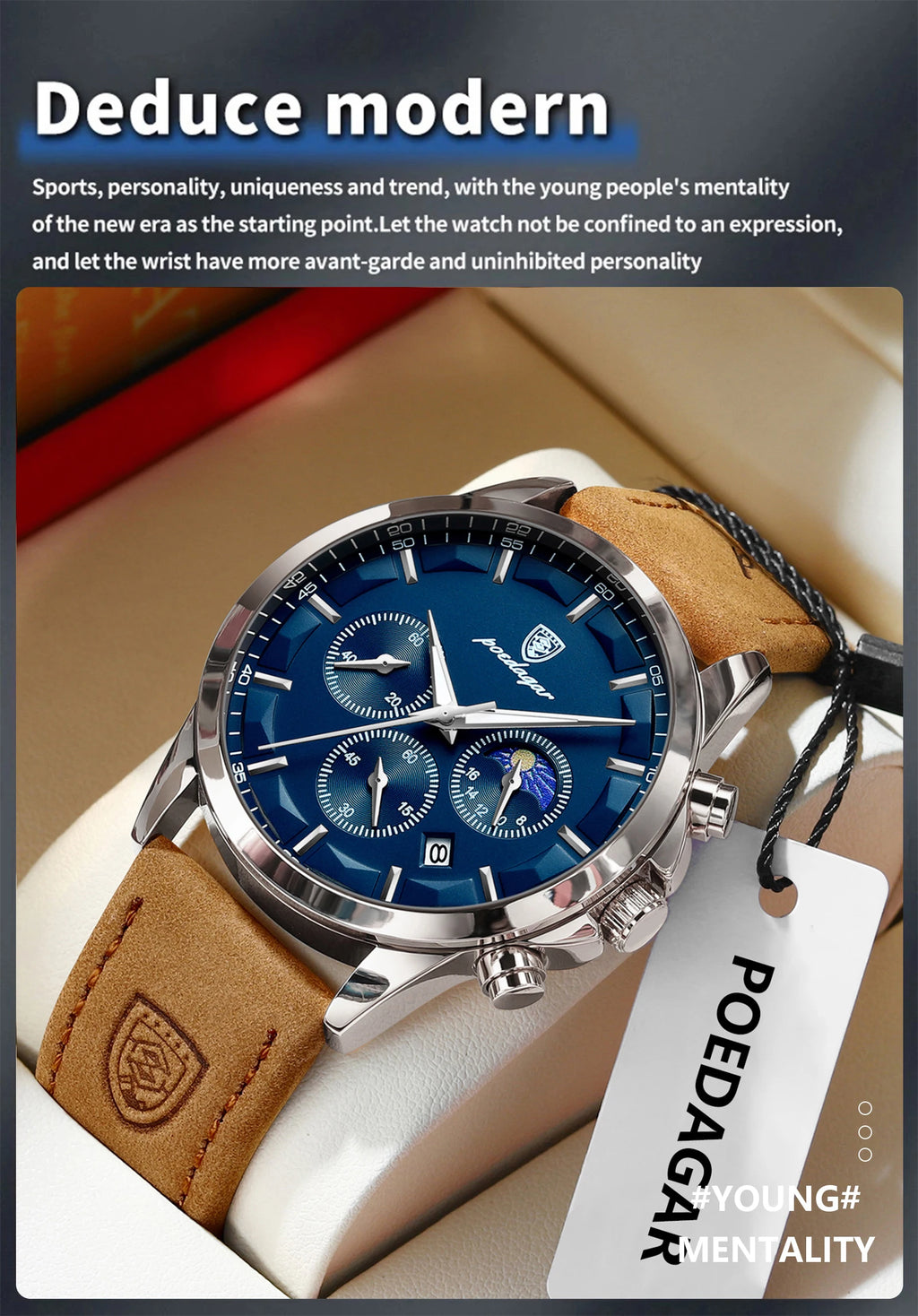POEDAGAR Montre Homme Luxe Chronographe Cuir — Étanche, Lumineuse, Date, Sport Militaire