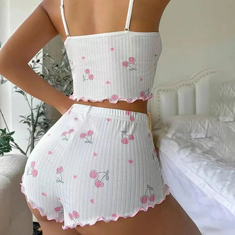 Pyjama Femme Été Imprimé Cœur — Top Cami Dos Nu & Short, Sexy Lounge