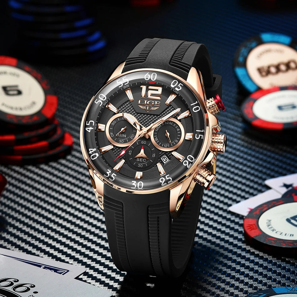 Montre Homme LIGE Sport Rouge Silicone — Étanche, Chronographe Quartz, Luxe