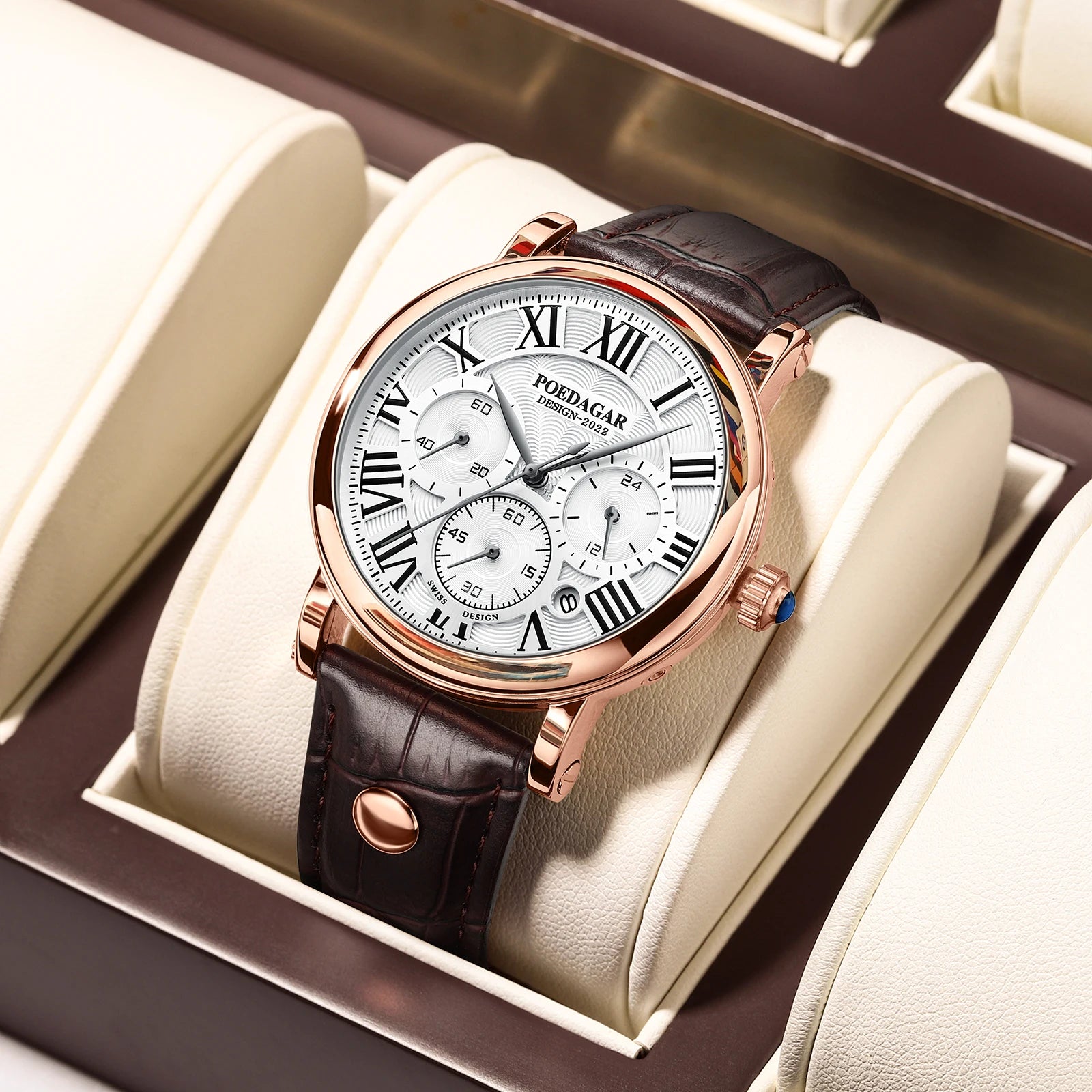 Montre Homme POEDAGAR Luxe Chronographe — Date, Cuir, Étanche, Business