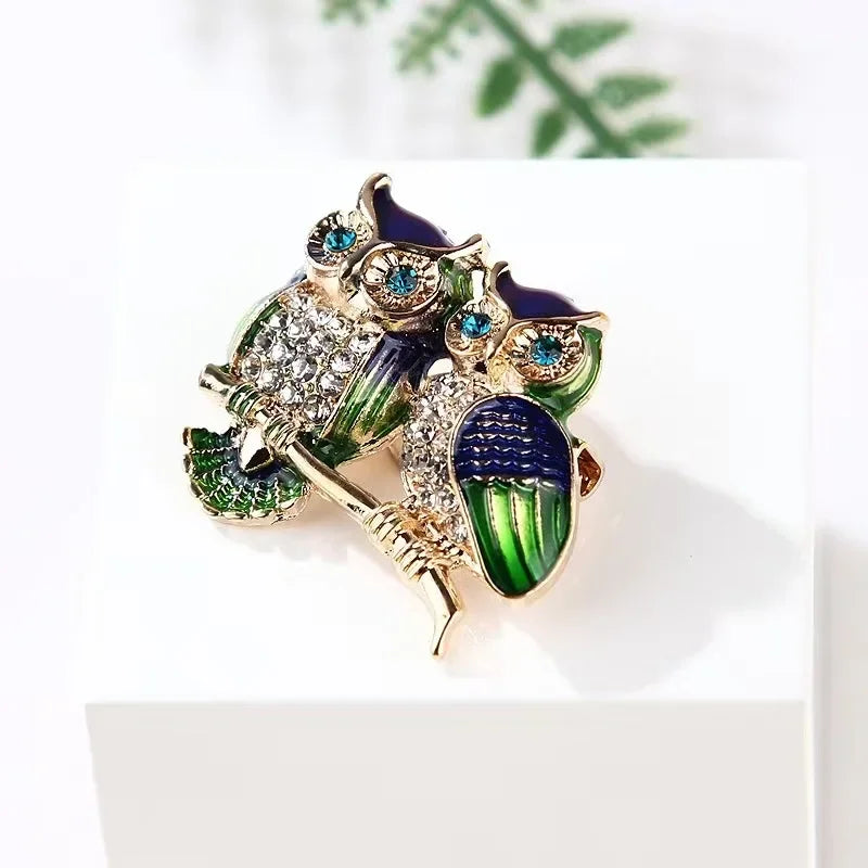 Broche Hibou Double Strass Rhinéstone — Badge Animal, Décoration Costume Femme