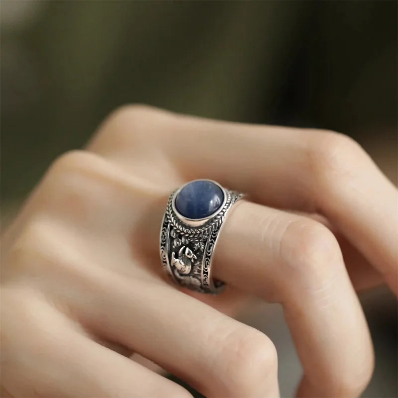 PANJBJ Bague Femme Argent 925 Pierre Œil de Chat Bleu — Rétro, Polyvalente