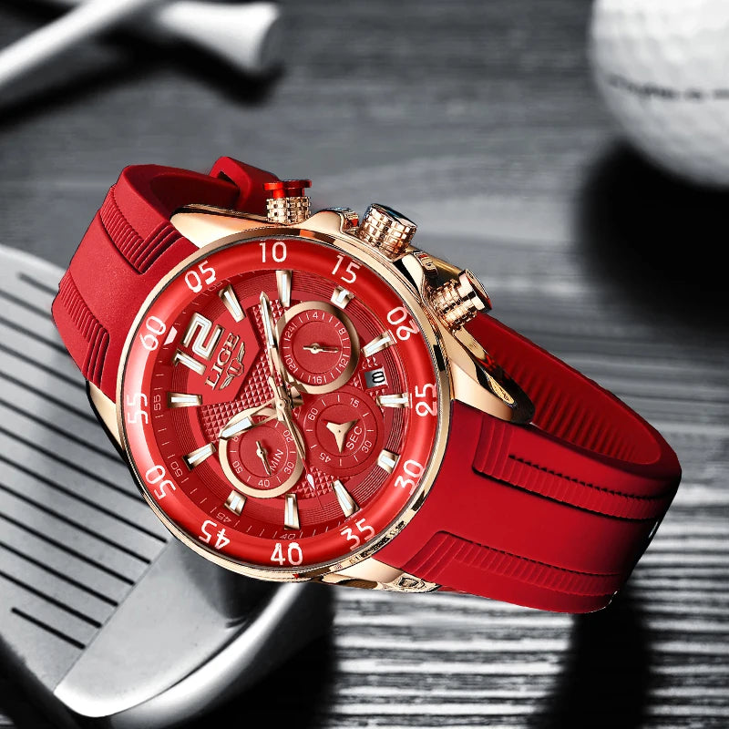 Montre Homme LIGE Sport Rouge Silicone — Étanche, Chronographe Quartz, Luxe