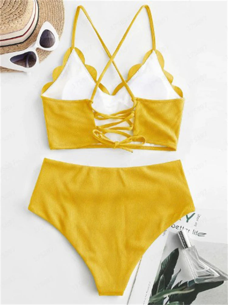 Bikini Femme Uni Côtelé Taille Haute 2026 — Bretelles, 2 Pièces, Maillot de Bain Plage