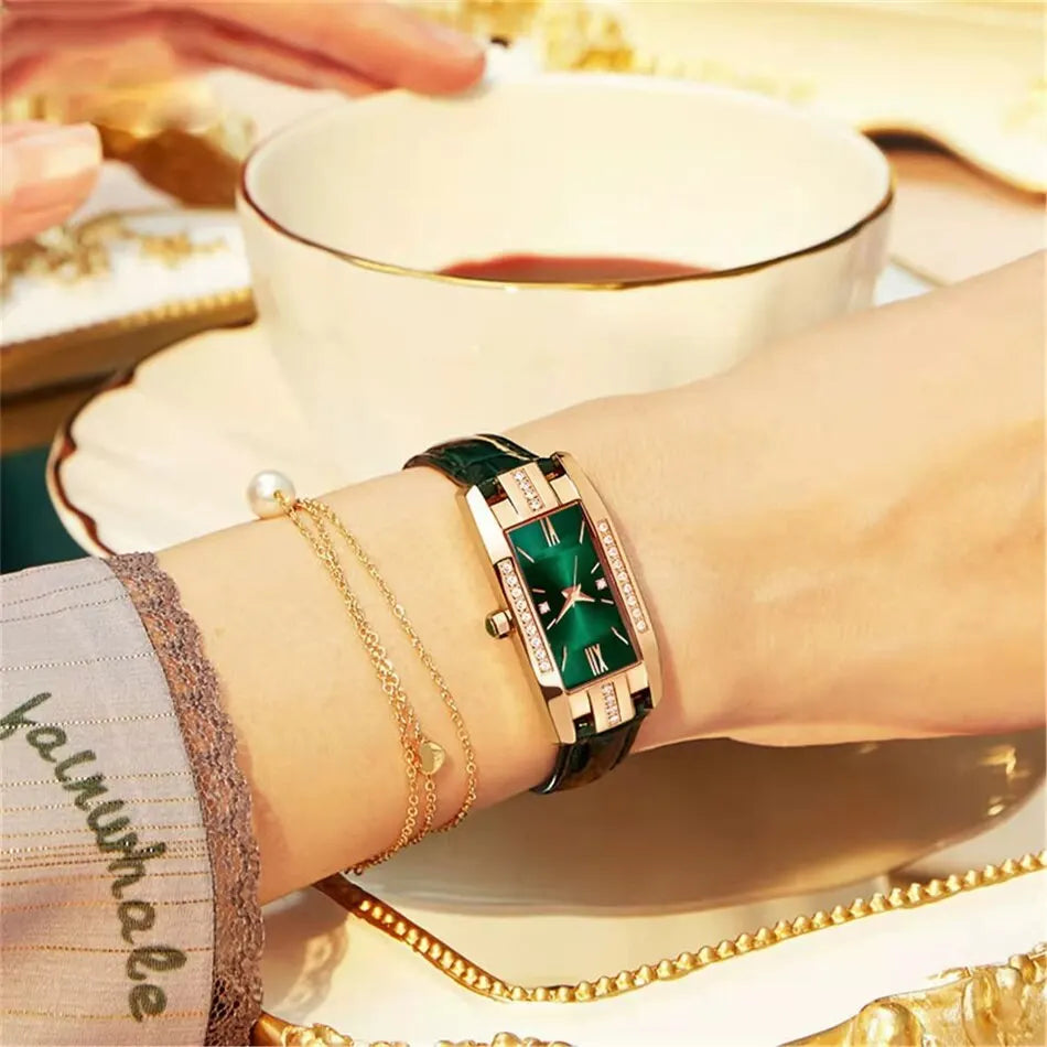 Montre Femme Carrée Quartz — Bracelet Cuir Vert, Cadran Simple, Luxe Fashion