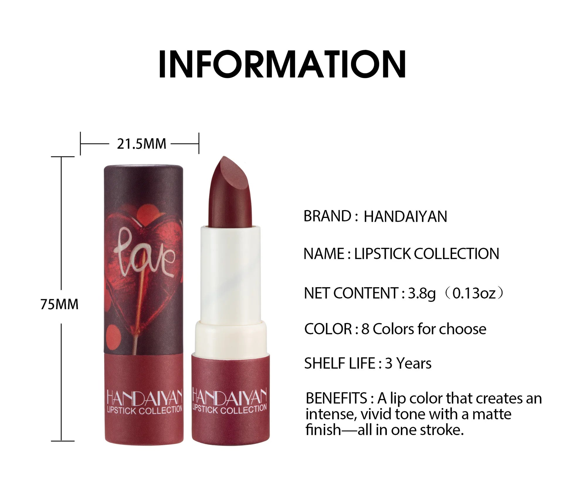 Rouge à Lèvres Mat Velours HANDAIYAN — 8 Couleurs, Waterproof, Longue Tenue