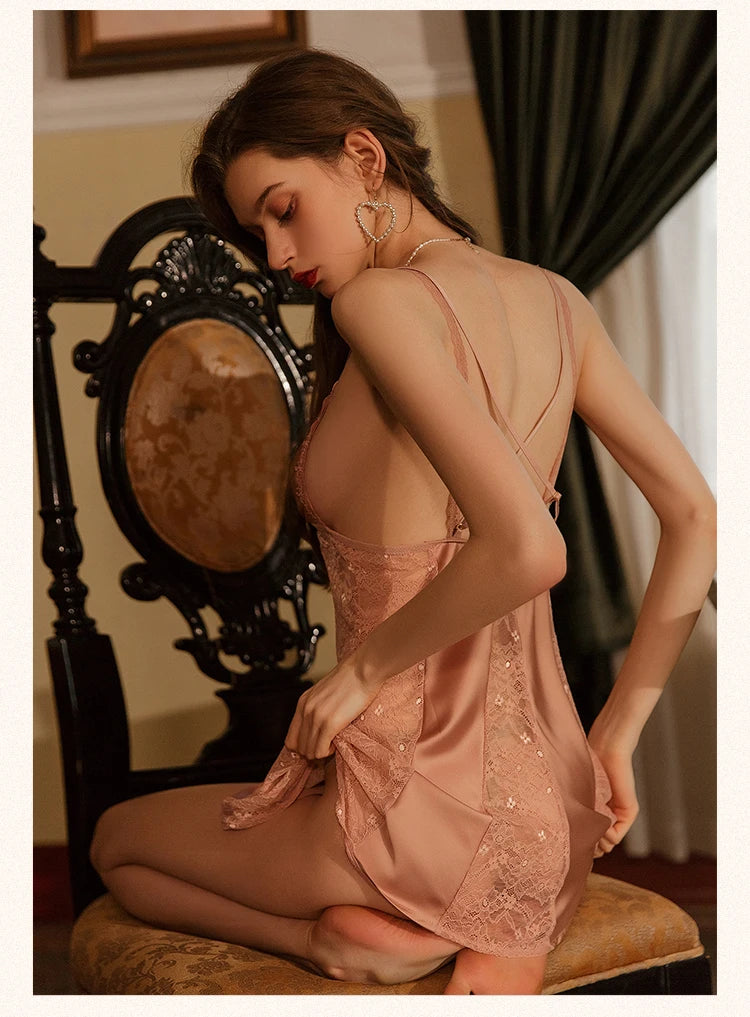 Nuisette Femme Satin Dentelle Bretelles — Chemise de Nuit Soie Glacée, Rembourrée
