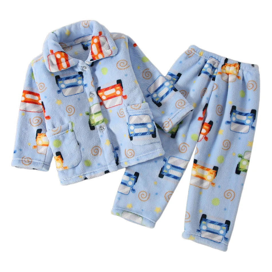 Pyjama Enfant Polaire Cartoon — Manches Longues, Chaud Hiver, Garçon & Fille