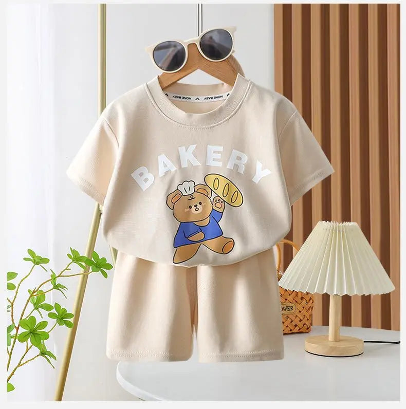 Ensemble 2 pièces enfant – T-shirt imprimé cartoon manches courtes & short, tenue décontractée 1-4 ans