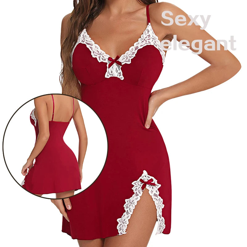Nuisette Femme Soie Satin Sexy — Sans Manches, Col V, Fente, Lingerie Été