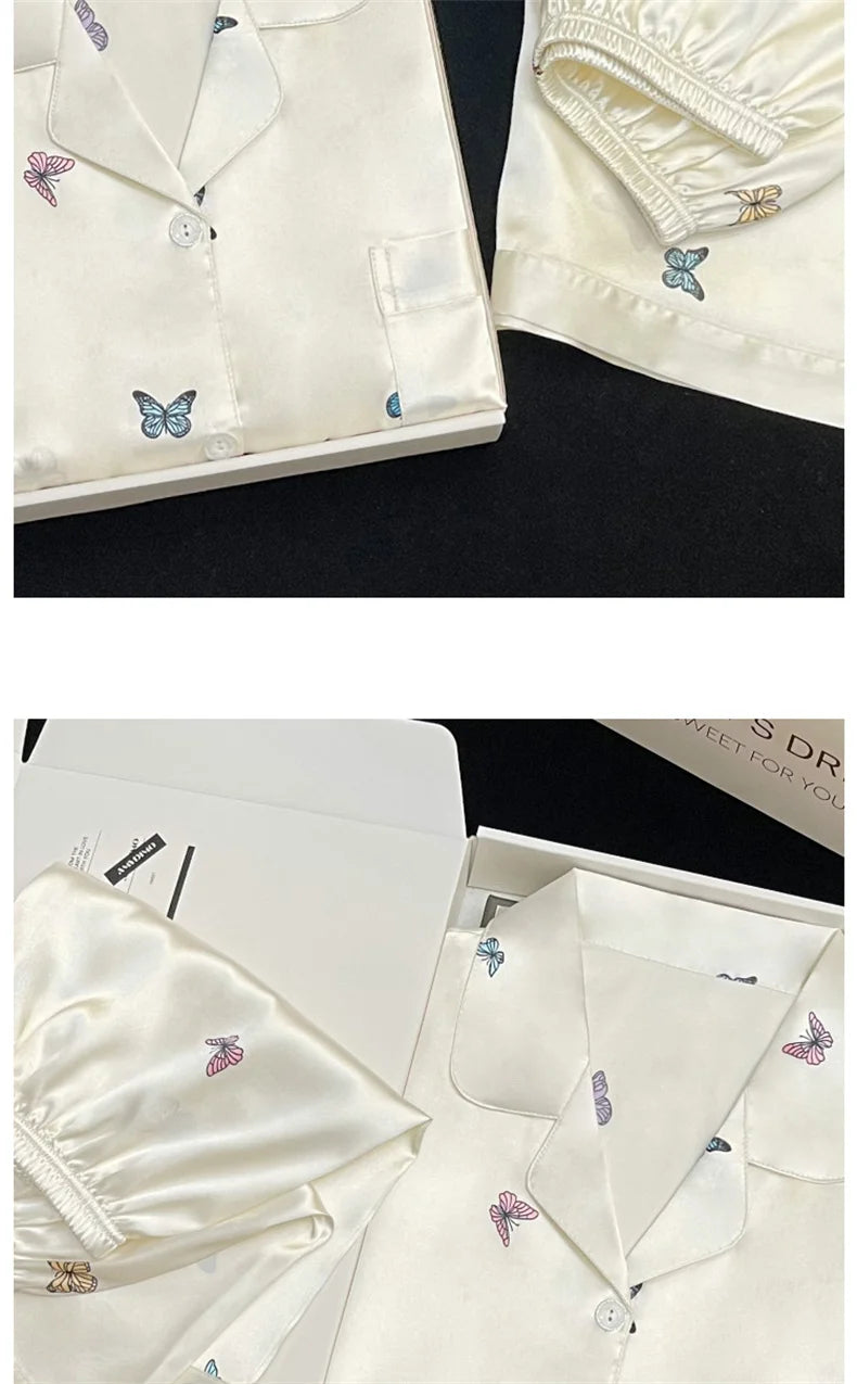 Ensemble Pyjama Femme 2 Pièces Imprimé Papillon — Satin Soie, Manches Courtes, Été