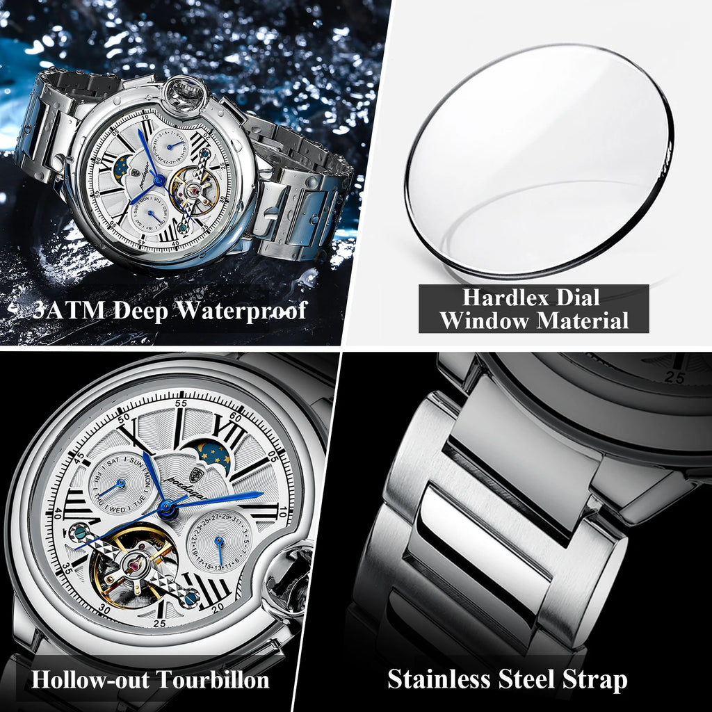 POEDAGAR Montre Automatique Homme Luxe — Tourbillon, Acier, Date & Semaine, Étanche