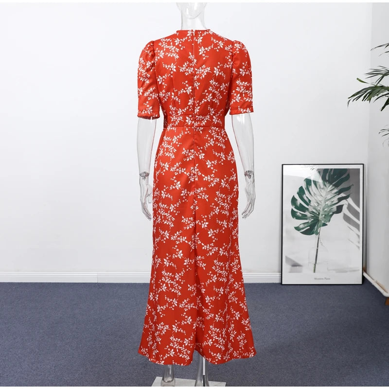 Robe Midi Imprimée Col V Profond — Manches Bouffantes, Taille Haute, Soirée 2026