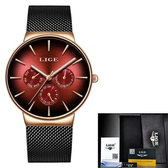 Montre Homme LIGE Luxe Quartz — Maille Acier Ultra-Fine, Étanche, Sport