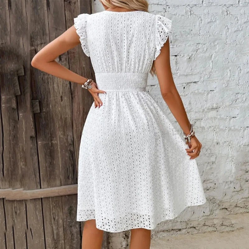 Robe Plage Femme Col V Manches Évasées — Dentelle Taille, Couleur Unie, Vacances