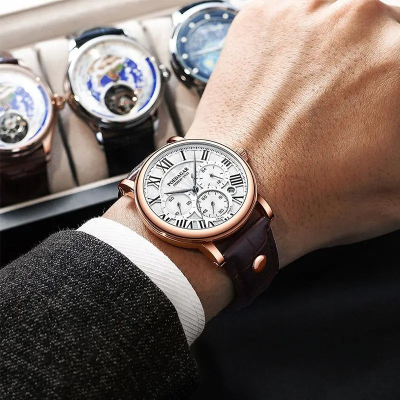 Montre Homme POEDAGAR Luxe Chronographe — Date, Cuir, Étanche, Business