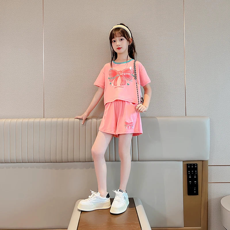 Ensemble 2 pièces filles – T-shirt imprimé nœud manches courtes & short sport, tenue été 2025