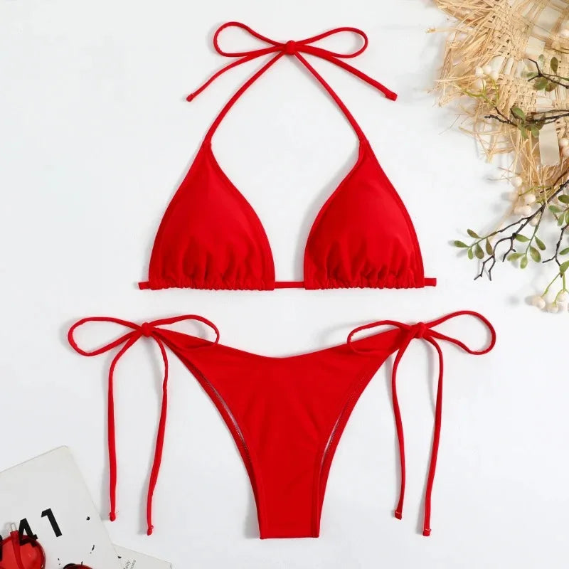 Bikini Femme Uni Tanga Halter — Ajustable, Style Brésilien, Maillot de Bain Plage