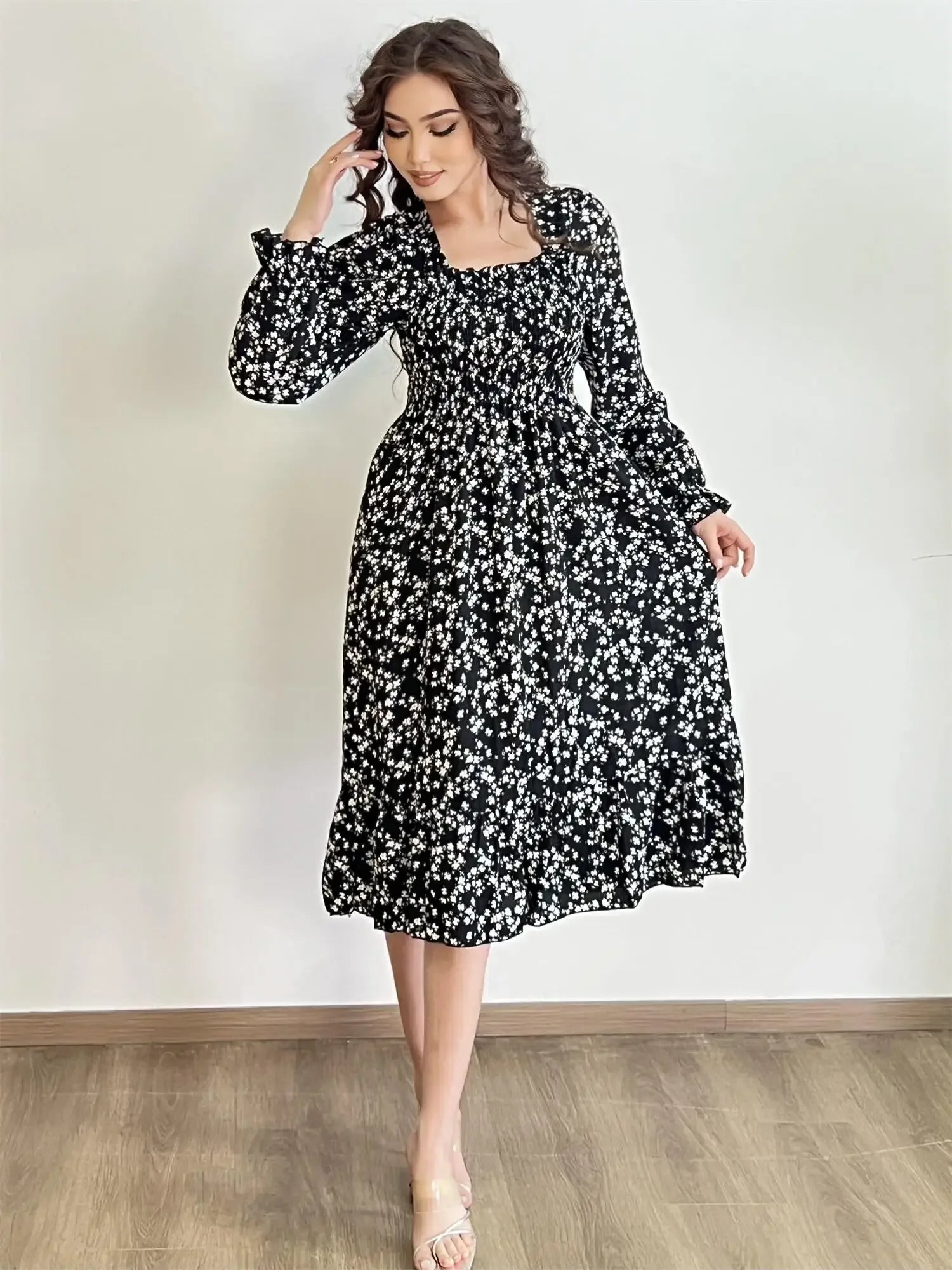 Robe Midi Femme Mousseline Manches Longues — Imprimé Floral Laçage