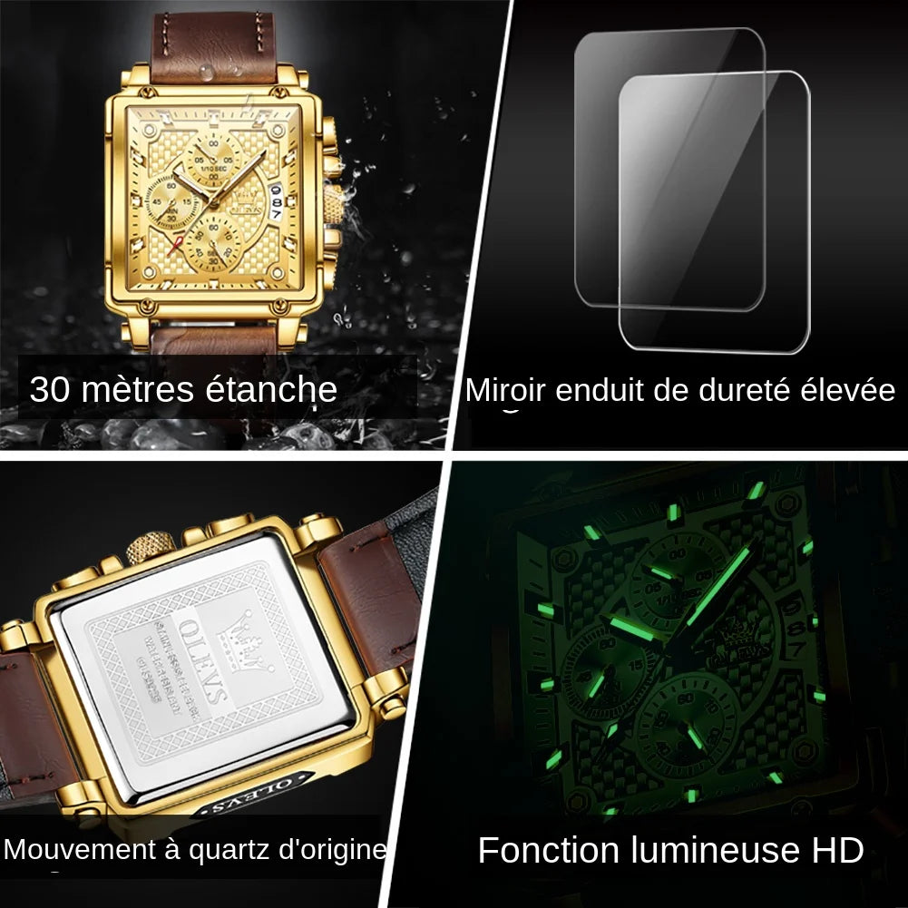 Montre Homme OLEVS Carrée Luxe Quartz — Étanche, Lumineux, Chronographe, Relogio