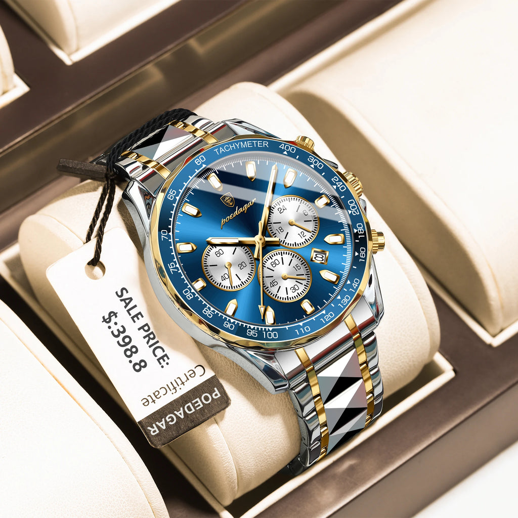 POEDAGAR Montre Homme Sport Luxe Chronographe — Acier Inoxydable, Étanche, Lumineuse