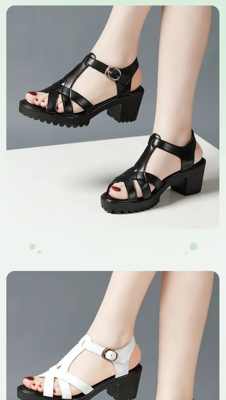 Sandales Gladiateur Femme Cuir Véritable Plateforme 2025 — Talon Bloc 6-10cm, Petite Taille 32-43
