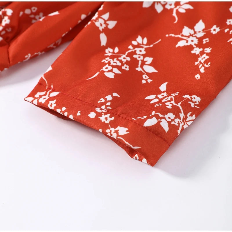 Robe Midi Imprimée Col V Profond — Manches Bouffantes, Taille Haute, Soirée 2026