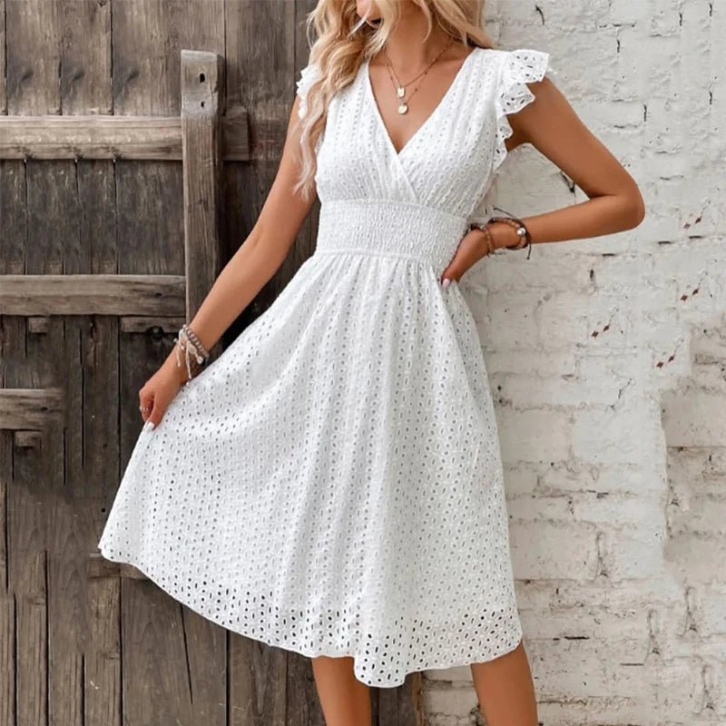 Robe Plage Femme Col V Manches Évasées — Dentelle Taille, Couleur Unie, Vacances